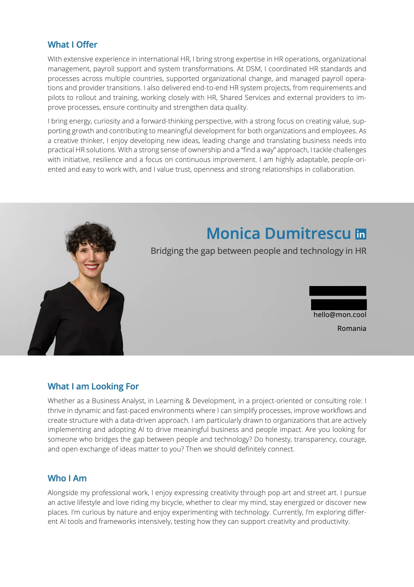 Prima pagină a unui CV narativ: secțiunile What I Offer, What I am Looking For și Who I Am, cu antet, fotografie și date de contact.