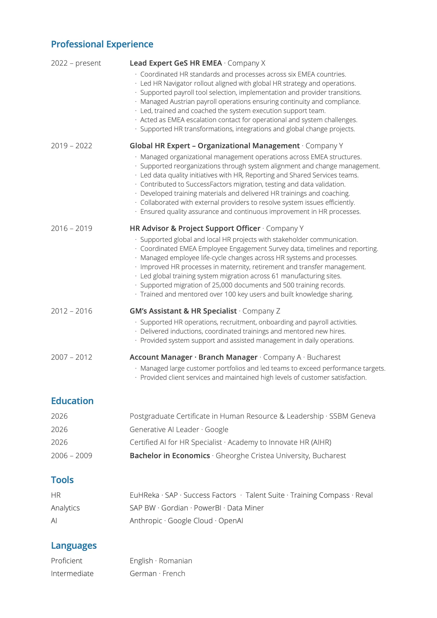 A doua pagină a unui CV narativ: experiență profesională pe roluri, educație, instrumente și limbi.